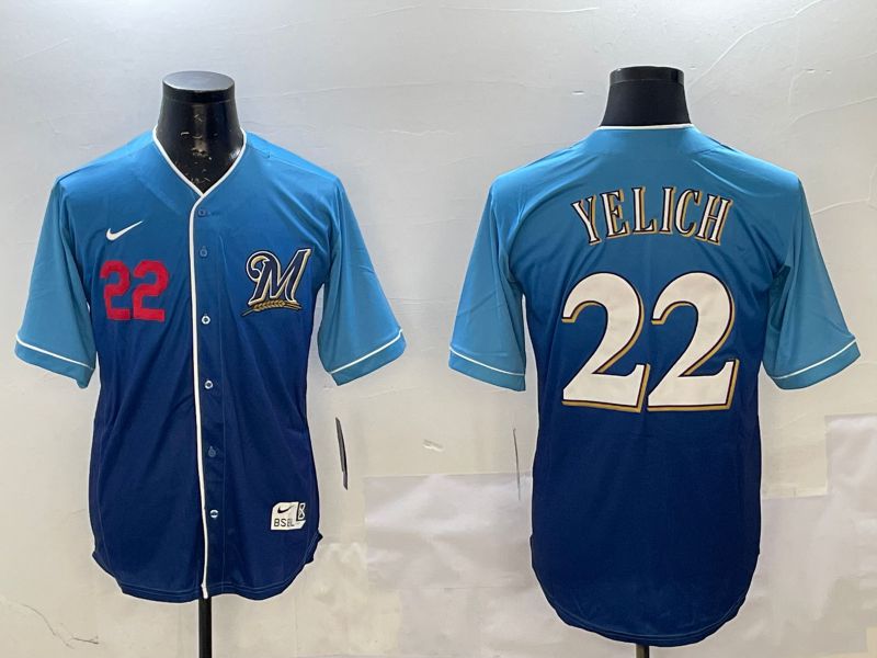 Men Milwaukee Brewers #22 Yelich Blue Fashion Game 2025 Nike MLB Jersey style 2